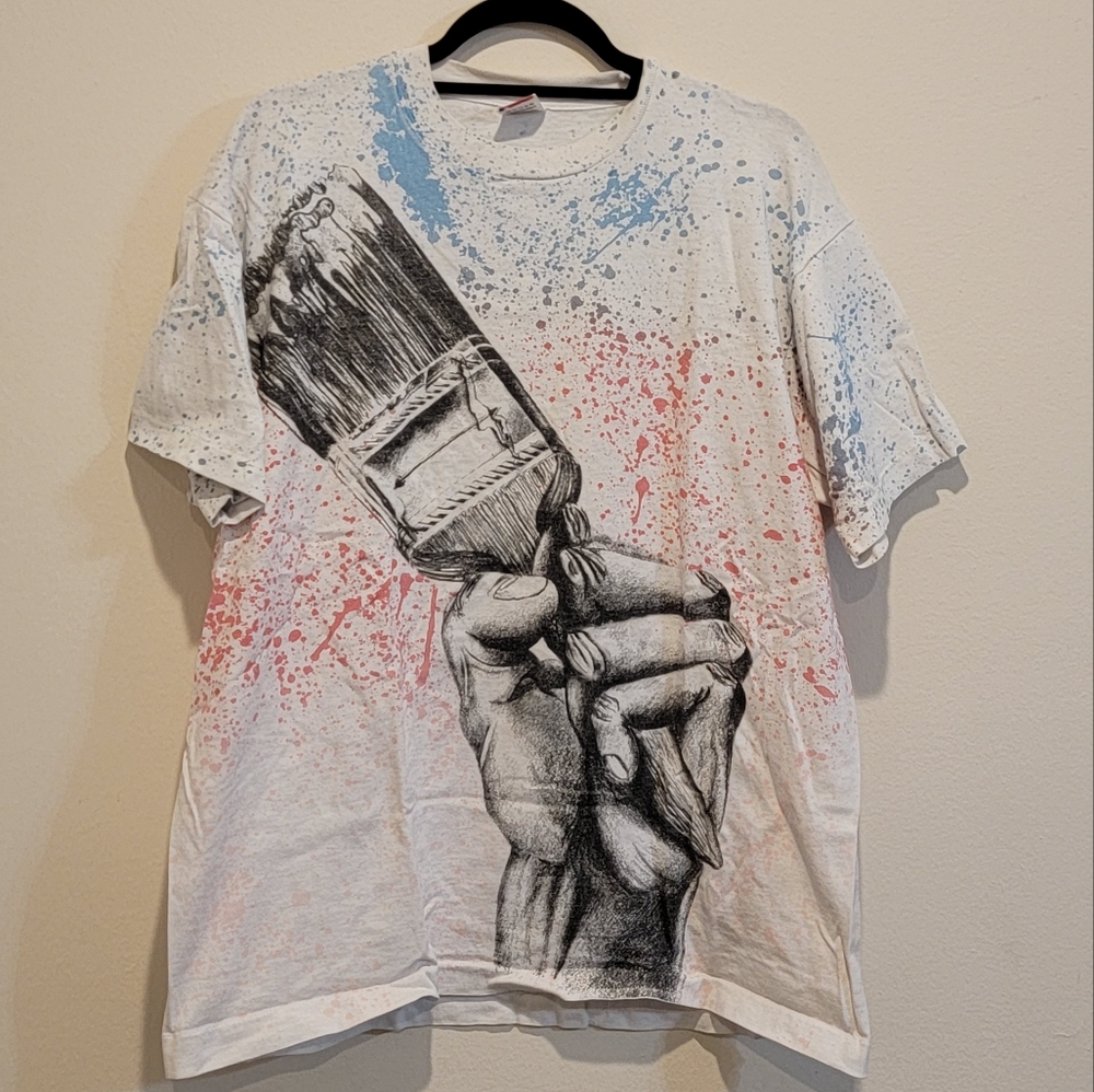 Vintage Mens allover print paintbrush hand t shirt 90s